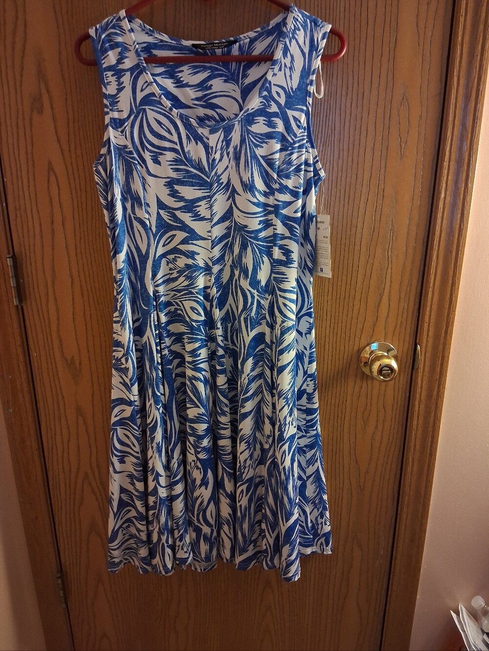 Sleeveless Blue and White Leaf-Print A-Line Dress